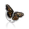 Butterfly Design Silver Amber Ring, Ring Size: Adjustable, image 