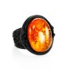 Dark Leather Open Ring With Cherry Amber The Nefertiti, Ring Size: Adjustable, image 