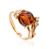Bright Cognac Amber Ring In Gold-Plated Silver With Crystals The Swan, Ring Size: 12 / 21.5, image 
