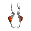 Sea Horse Design Silver Amber Earrings, image 