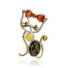 Bicolor Cat Brooch With Natural Amber, image 