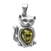 Silver Cat Pendant With Green Amber, image 