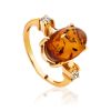 Gold-Plated Cocktail Ring With Cognac Amber And Crystals The Nostalgia, Ring Size: 11.5 / 21, image 