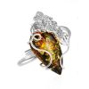 Bold Handcrafted Silver Floral Ring With Green Amber The Dew, Ring Size: Adjustable, image 