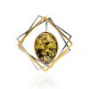 Geometric Gold-Plated Brooch With Green Amber, image 