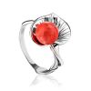 Floral Silver Ring With Reconstructed Coral Centerpiece The Kalina, Ring Size: 8 / 18, image 