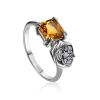 Silver Floral Ring With Citrine And Crystals, Ring Size: 7 / 17.5, image 