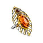 Bohemian Chic Amber Ring In Gold-Plated Silver The Peacock Feather, Ring Size: 5.5 / 16, image 