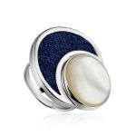 Designer Silver Cocktail Ring With Denim And Nacre, Ring Size: 8 / 18, image 
