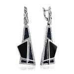 Bold Geometric Design Silver Dangles With Denim And Volcanic Glass, image 