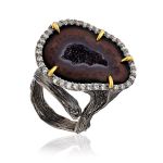 Designer Silver Ring With Agate Geode And Crystals, Ring Size: Adjustable, image 