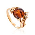 Bright Cognac Amber Ring In Gold-Plated Silver With Crystals The Swan, Ring Size: 11 / 20.5, image 