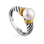 Trendy Bicolor Ring With Glossy Pearl Centerstone, Ring Size: 8 / 18, image 
