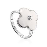 White Enamel Clover Shaped Ring With Diamond The Heritage, Ring Size: 6 / 16.5, image 