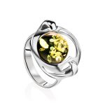 Futuristic Silver Ring With Green Amber The Orion, Ring Size: 9 / 19, image 