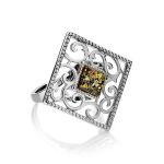 Cocktail Silver Ring With Green Amber The Arabesque, Ring Size: 10 / 20, image 