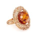 Gorgeous Amber Ring In Gold-Plated Silver With Crystals The Venus, Ring Size: 9 / 19, image 