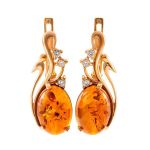 Golden Earrings With Cognac Amber and Crystals The Swan, image 
