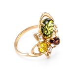 Multicolor Amber Ring In Gold-Plated Silver With Crystals The Edelweiss, Ring Size: 11 / 20.5, image 