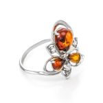 Bold Silver Ring With Cognac Amber And Crystals The Edelweiss, Ring Size: 8 / 18, image 