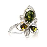 Sterling Silver Ring With Green Amber And Crystals The Edelweiss, Ring Size: 12 / 21.5, image 