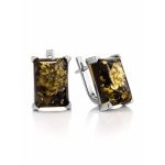 Silver Earrings With Square Green Amber Stone The Rectangle, image 