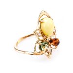 Striking Multicolor Amber Ring In Gold With Crystals The Edelweiss, Ring Size: 10 / 20, image 
