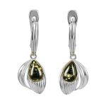 Bright Silver Drop Earrings With Green Amber The Bee, image 