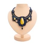 Blue Textile Braided Necklace With Honey Amber And Crystals The India, image 