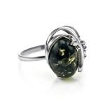 Green Amber Ring In Sterling Silver With Crystals The Swan, Ring Size: 5.5 / 16, image 