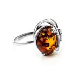 Cognac Amber Ring In Sterling Silver With Crystals The Swan, Ring Size: 6 / 16.5, image 