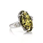 Luminous Green Amber Ring In Sterling Silver With Crystals The Penelope, Ring Size: 7 / 17.5, image 