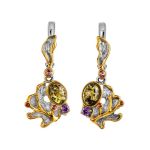 Gold-Plated Silver Drop Earrings With Green Amber And Crystals The Beatrice, image 