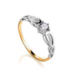 Filigree Golden Ring With White Crystal, Ring Size: 9 / 19, image 