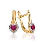 Golden Earrings With Heart Shaped Ruby And Diamonds, image 