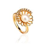 Gold-Plated Floral Ring With Cultured Pearl Centerpiece And Crystals The Serene, Ring Size: 7 / 17.5, image 