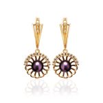 Gold-Plated Floral Dangles With Deep Purple Cultured Pearls And Crystals The Serene, image 
