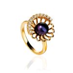 Gold-Plated Floral Ring With Deep Purple Cultured Pearl And Crystals The Serene, Ring Size: 5.5 / 16, image 