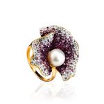 Bold Gold-Plated Floral Ring With Purple Crystals And Cultured Pearl The Jungle, Ring Size: 12 / 21.5, image 