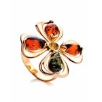 Adjustable Gold-Plated Ring With Multicolor Amber The Shamrock, Ring Size: Adjustable, image 