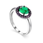 Silver Ring With Round Synthetic Emerald Centerstone And Purple Crystals, Ring Size: 8.5 / 18.5, image 