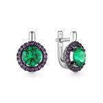 Silver Earrings With Synthetic Emerald Centerstones And Purple Crystals, image 