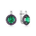 Silver Ring With Round Synthetic Emerald Centerstone And Purple Crystals, Ring Size: 8.5 / 18.5, image , picture 6