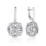 Silver Floral Earrings With White Crystals, image 