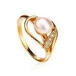 Statement Gold-Plated Ring With Cultured Pearl Centerpiece And Crystals The Serene, Ring Size: 5.5 / 16, image 
