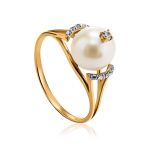 Golden Ring With Pearl And Crystals The Serene, Ring Size: 8.5 / 18.5, image 