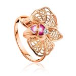 Golden Floral Earrings With Crystals And Pink Enamel, image , picture 4