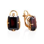 Geometric Golden Earrings With Synthetic Garnet, image 