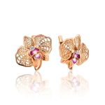 Golden Floral Earrings With Crystals And Pink Enamel, image 