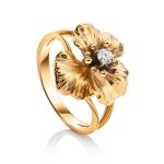 Golden Floral Ring With White Diamond, Ring Size: 7 / 17.5, image 